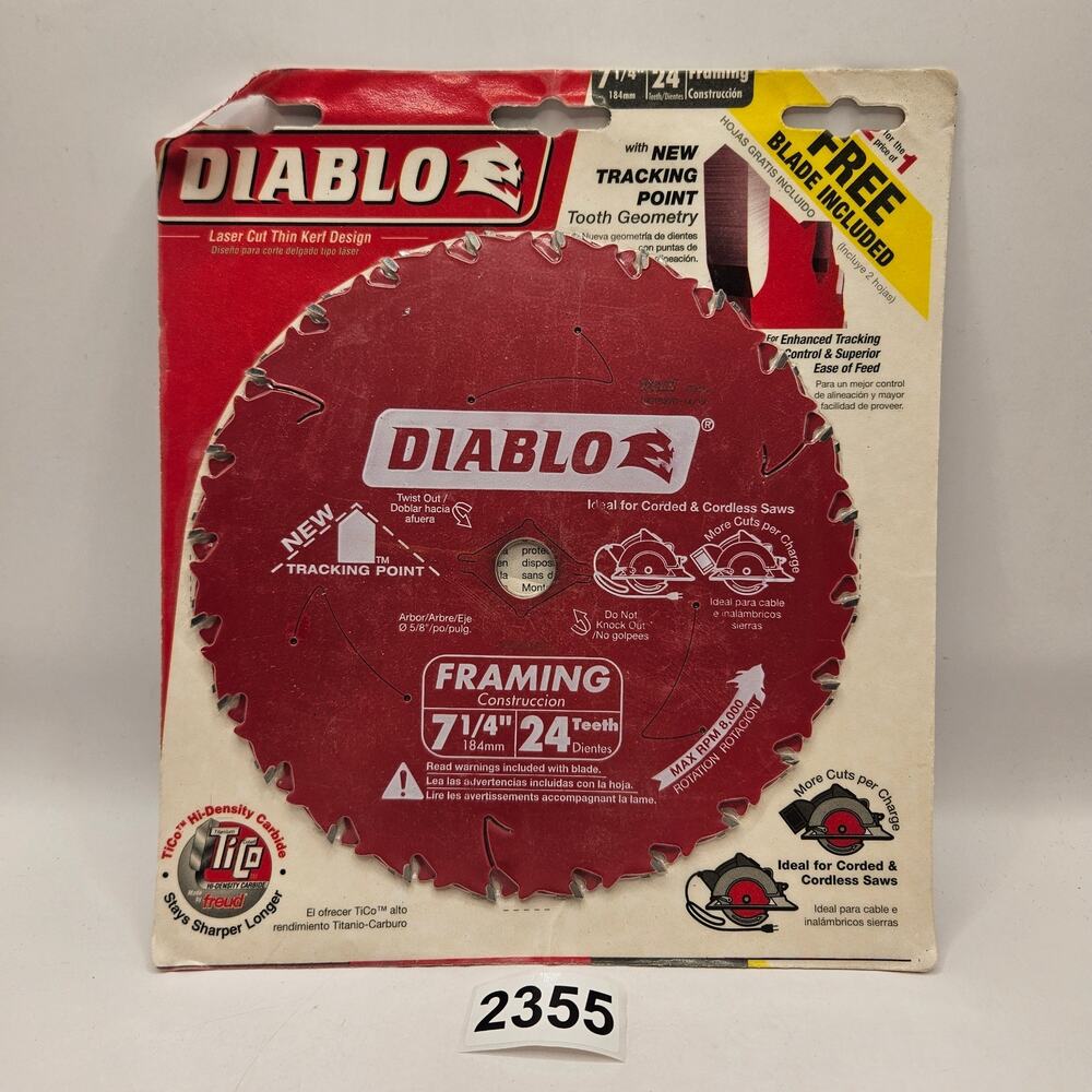 (2)DIABLO 7-1/4 INCH 24 TOOTH ATB FRAMING SAW BLADE 5/8" ARBOR NIB